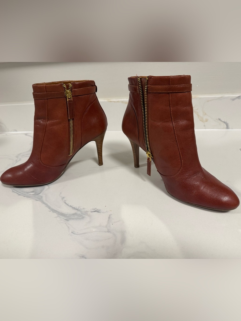 Nine West Cognac Leather High-Heel Ankle Booties with Gold Zippers